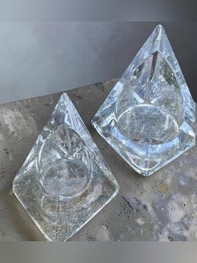 Set of 2, Vintage Nybro Sweden pyramid candle holder, MCM art glass,